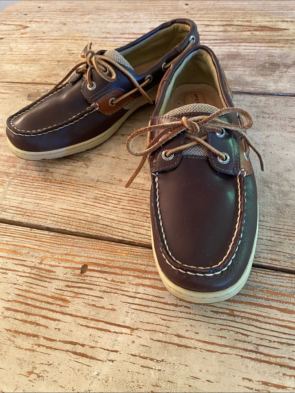 Sperry Dark Brown Leather Moc Toe Boat Shoes with Cream Sole